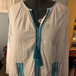 Michael Kors 3X white and teal peasant top